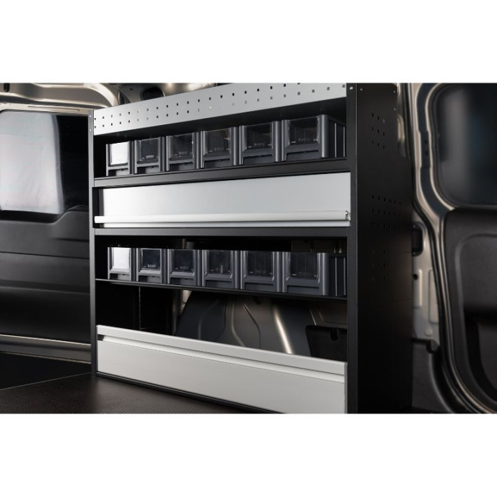 Aménagement PROVAN avec tiroir, étagères et bacs (gauche ou droite) pour Volkswagen Caddy 2015-2020 - vue de côté fourgon