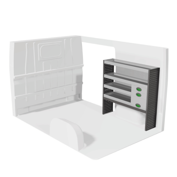 Aménagement pour Volkswagen Crafter 2006-2016 droit avec tiroirs vue de face Aménagement pour Volkswagen Crafter 2006-2016 droit avec tiroirs vue de face