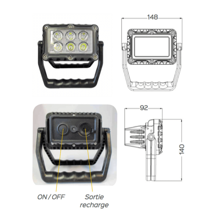 Phare LED rechargeable et portatif - dimensions et vue arrière