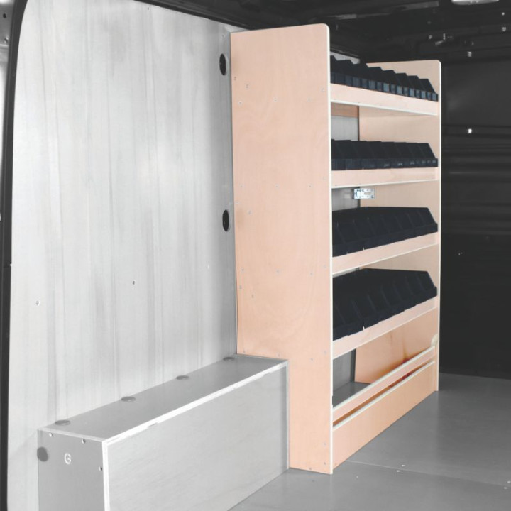 Casier de rangement bois avec 32 bacs moyens pour Renault Trafic 2014-2024 côté gauche