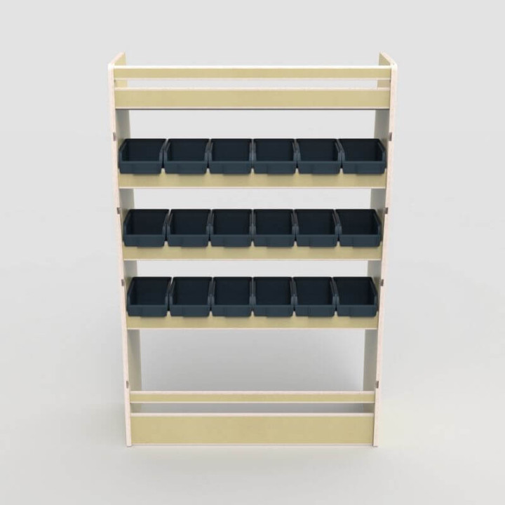 Casier de rangement en bois avec bacs amovibles pour Citroën Jumpy 2016+, vue de face.