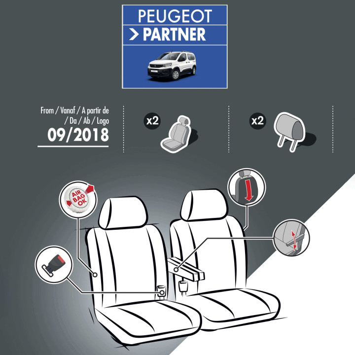 Housses de siège en tissu pour Peugeot e-Partner 2021+ - avec accoudoirs
