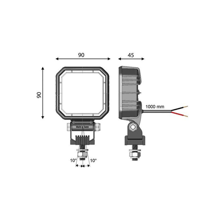 Dimensions du feu de recul LED carré homologué R23 (90 x 90 x 45 mm) et de son support orientable