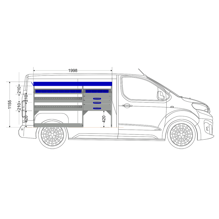 Aménagement métal Opel Vivaro 2019+ L2 - ZEVIM Standard bleu - côté gauche - vue dans utilitaire et dimensions