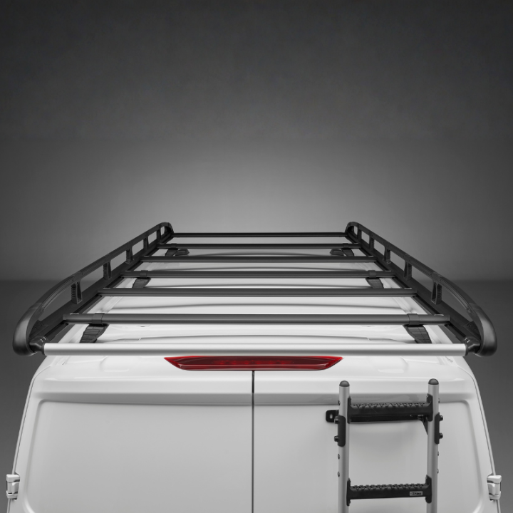 Galerie de toit aluminium noir pour Volkswagen e-Transporter 2025+ - vue de derrière - photo générique non contractuelle