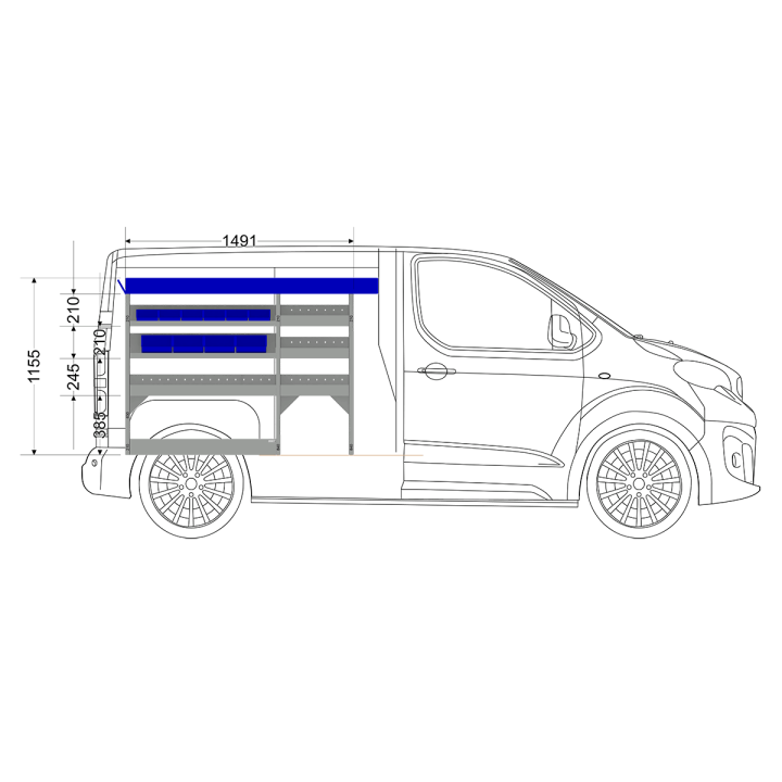 Aménagement métal Citroen Jumpy 2016+  XS (L1) ZEVIM Economique bleu - côté gauche - vue dans utilitaire et dimensions