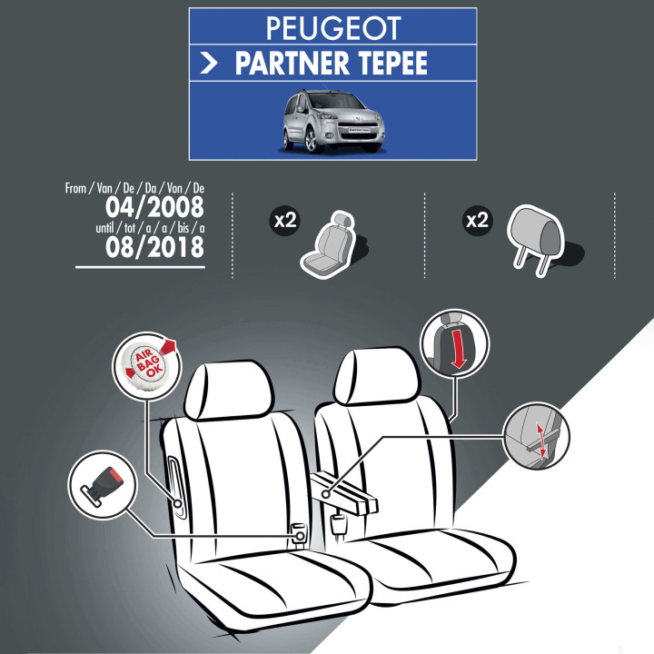 Housses de siège en tissu pour Peugeot Partner II (2008 - 2018) - avec accoudoirs